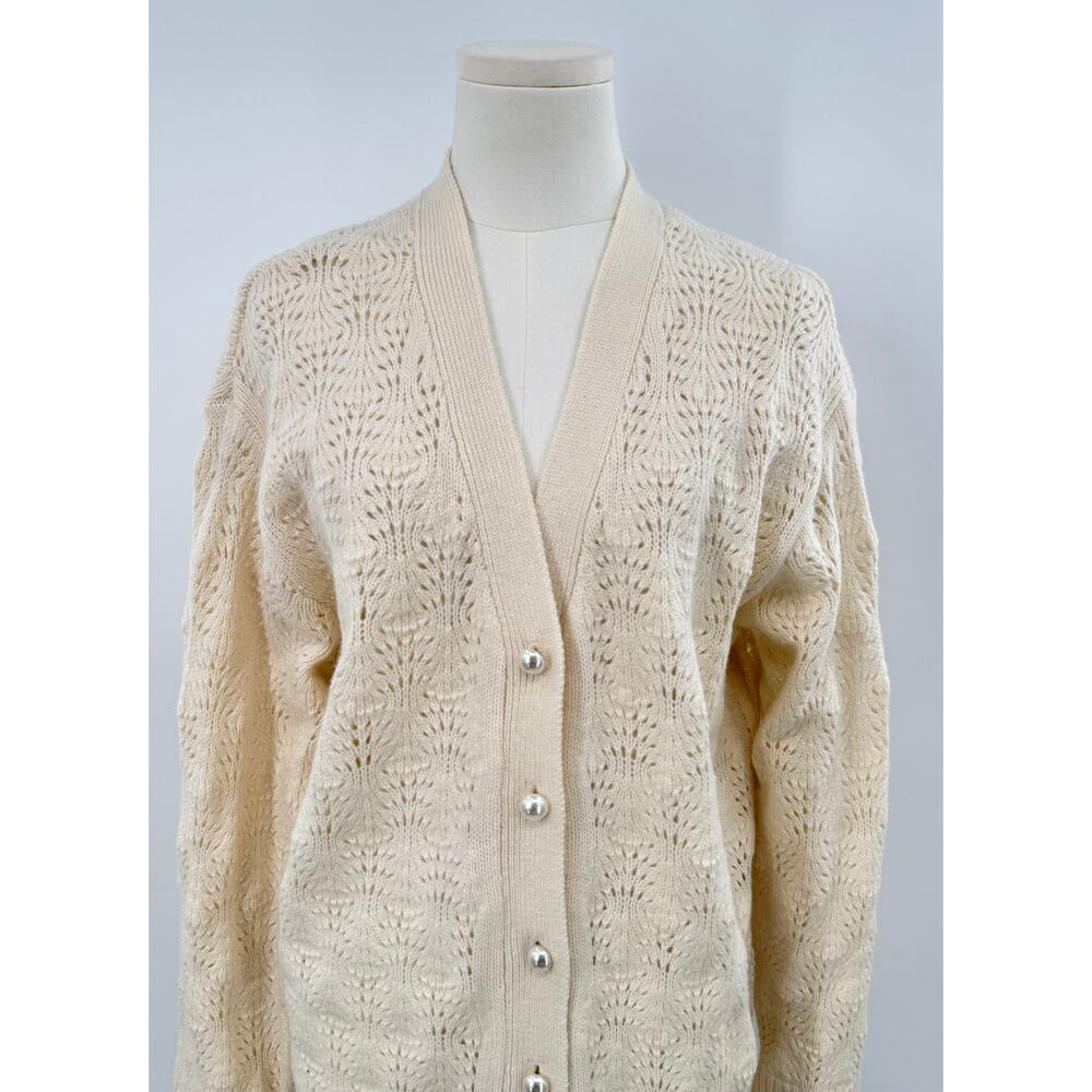 Hill House Ivory Pointelle Wool Cardigan Cream Merino Pearl Button Sweater M